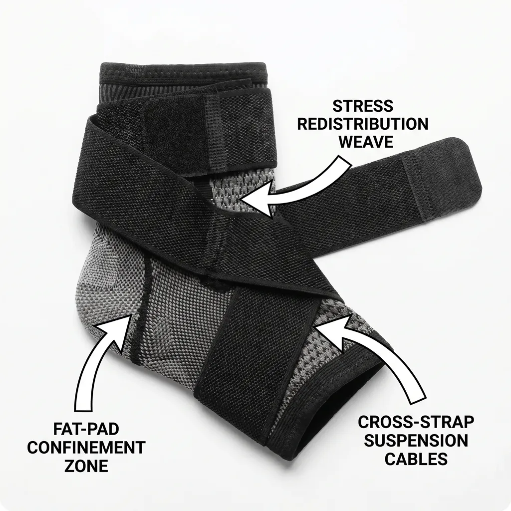 Fat-pad confinement zone, cross-strap suspension cables, stress redistribution weave